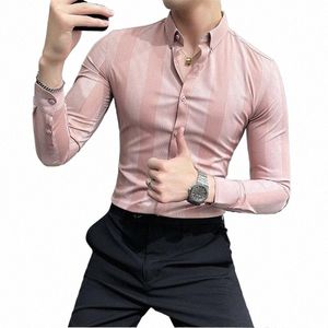 2022 Spring Highend Striped LG Sleved Shirt Men Korean Slim Fit Shirt Men Men Streetwear Party Party M-4xl L02G#