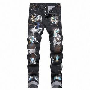Pantaloni casual Hip Hop da uomo a vita media elasticizzati con gambe piccole in tessuto patch strappato con vernice nera