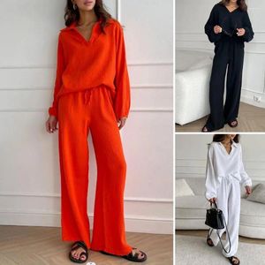 Women's Two Piece Pants Women 2 Suit Casual Two-piece Set With Lapel Collar V Neckline Wide Leg Stylish Spring/autumn For Leisure
