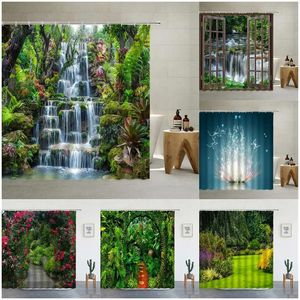 Занавески для душа с водопадом, весенние тропические зеленые джунгли, первобытный лесной парк, натуральные кусты, цветочная мшистая ткань, набор декора для ванной комнаты 240328