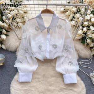 Women's Blouses Neploe Heavy Beading Sequin 3D Flower Shirt For Women 2024 Spring See Through Mesh Y2k Long Sleeve Blusas Mujer