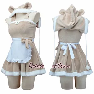 Plush Little Bear Cosplay Costume Sexig Women Halen Maid kjol Sexig Romper Bodysuit Plush Hooded Carnival Party Suit 8736#