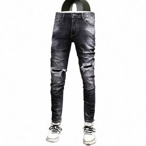 Nyligen designer fi män jeans retro svart grå stretch smal fit vintage rippade jeans män lapped designer hip hop denim byxor w1vd#