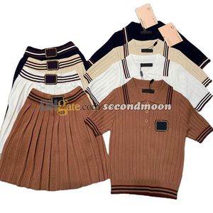 Women Polo Shirt Lapel Neck Knits Top Summer Sexy Pleated Skirt Spring Summer Knitted Skirts