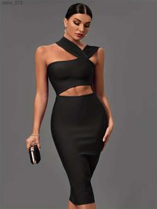 Grundläggande casual klänningar svart bandage klänning kvinnor midi party bodycon elegant halter hals sexig klippt ut födelsedag kvällsklubb kläder sommar yq240328