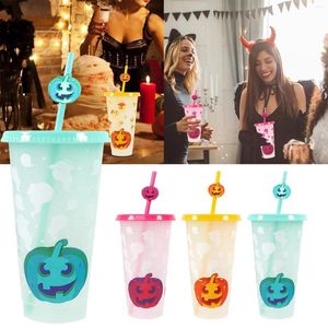 Mugs Halloween Three Piece Single Layer Cold Changing Plastic Cup 710 ml Funny Pumpkin Straw Set Water Gits for Kids L5