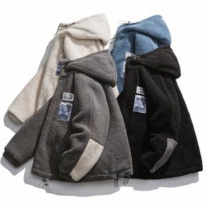 Män vinterfleece jacka lamm ull huva kappa mens tjock varm kappa lösa japanska streetwear casual harajuku zippered jacka l4mu#