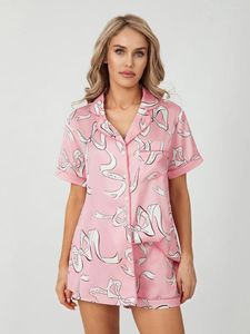 Startseite Bekleidung Damen-Pyjama-Set aus Satin mit Cartoon-Schleife, kurzärmlig, gekerbtes Revers, Oberteil mit elastischen Taillen-Shorts, Loungewear-Nachtwäsche, Zwei