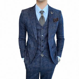 Blazers+ Vest+ Pants Spring New Fi Gentleman Men's Plaid Leisure Suit Jacket Sets Simple Groom 3 Piece Tuxedo 5XL 09MZ＃
