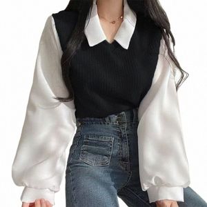 Женская блузка с воротником-поло из двух предметов, весенняя повседневная корейская рубашка, топы Y2k, уличная одежда, свободные женские пуловеры, элегантные блузки H3Rl #