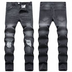 Klassiska män svart mager denim jeans man rippade stretch smala fit jeans byxor streetwear casual lg byxor q2xg#