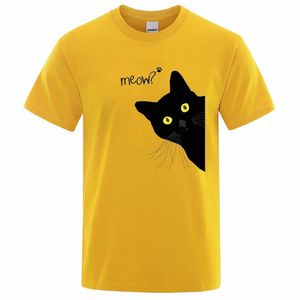 meow svart katt roliga tryck män t-shirts andningsbara tee kläder sommar streetwear toppar överdimensionerad lös stuga kort ärm x0sx#