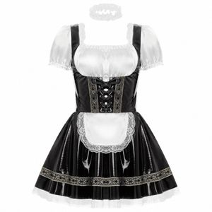 Frauen Oktoberfest Maid Kostüme Traditionelles deutsches bayerisches Bier Outfits Glänzendes PU-Leder Spitzenbesatz A-Linie Dr mit Apr n76Z #