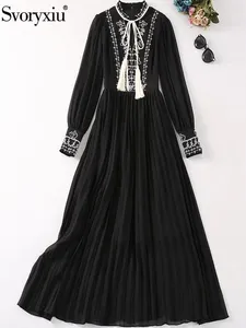 Casual Dresses Svoryxiu Fashion Designer Autumn Black Elegant A-Line Long Dress Women's Stand Collar Tassel High Waist Lantern Sleeve