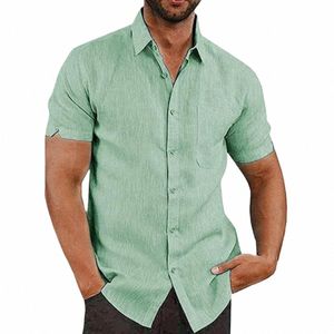 Camisa masculina verão novo estilo praia topos sólido cott linho lapela leve butt up manga curta casual férias camisas simples 04oE #