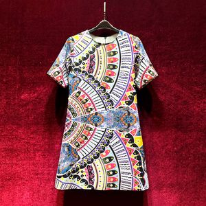 2024 Spring Multicolor Contrast Color Dress Kort ärm Runda nacke Rhinestonekne-längd Casual Dresses X4M2612306