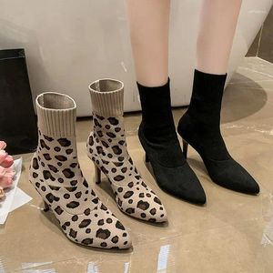 Boots Leopard Sexy Sock Stretch Women's Shoes Spring Autumn Fashion High Heels Women Botines Mujer Womens