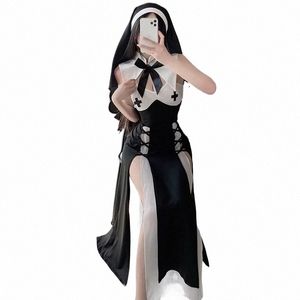 Sıcak seksi rahibe cosplay kadın iç çamaşırı kawaii black hlow out dr halen passi üniforma anime hizmetçi kostüm takım elbise d7nr#