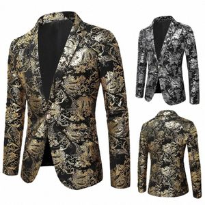 men's Fi Gilded Print Blazer Performance Nightclub DJ Singers Shiny Blazers Lg Sleeve Single Butt Floral Suit Jackets 47SV#