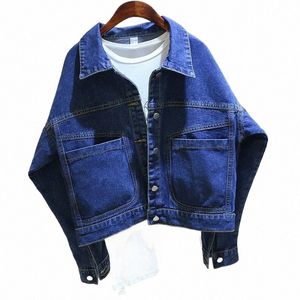 Retro Patchwork Kadın Denim Ceket Bahar Sonbahar Mini Büyük Cep Tek Kelime Breaded Lapel Kadın Üst Katlar G7LG#