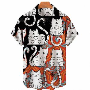 2022 Hawaiian Shirt Cat Print Abstract Pattern Short Sleeve Loose Oversized Shirts Men and Women Summer Beach Casual Shirt Tops N6b8#