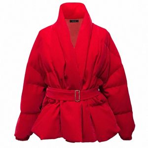 Women Winter Jacket v الرقبة مربوطة دافئة سميكة كوت مبطنة باركاس فيت سترة حمراء LG كم قصيرة غير رسمية لأسفل كوت سترة H4EW#