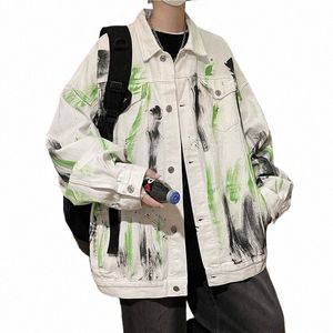 High Street Tie Dye Graffiti Denim Jacket Män höst Löst casual jackor LG ärmar Turndown Collar Single-Breasted Tops L8vu#