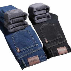 Vinter nya mäns varma smala fit Jeans Busin overaller förtjockar denim byxor varumärke fleece stretch raka avslappnade byxor man p8ei#