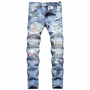 men Patchwork Denim Jeans Colored Threads Embroidery Holes Ripped Distred Pants Slim Straight Trousers l0IL#