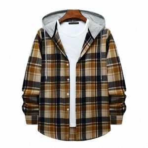 uomini Plaid Splicing Felpa con cappuccio Mens Fi Streetwear Classic Flanella Lg manica con cappuccio Camicie sudaderas hombre W1CP #