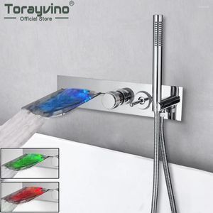 Bathroom Sink Faucets Torayvino Luxury LED Joint Pipe 5 Pcs Faucet Wall Mounted Bathtub Waterfall Spout Mixer Water Tap Combo Kits