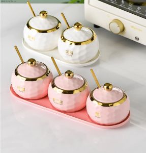 Jars Pink Jars Gold Ceramic Spice Box Sugar Bowl Creative Nordic Light Luxury Kitchen Spice Jar Set Kitchen Storage Storage Tank