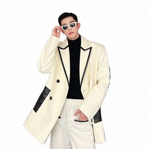 Autumn Thicken Blazers Men Korean Streetwear Fi Vintage Loose Casual Leather Patchwork Wool Blazers Suit Jacket Male Coat F9FL#