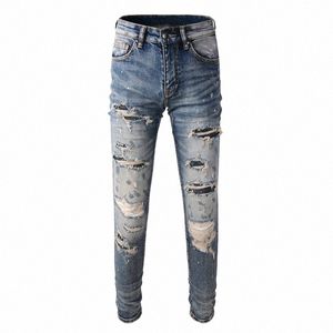 High Street Fi Мужские джинсы Ретро Wed Blue Stretch Skinny Fit Заплатанные рваные джинсы Мужские окрашенные дизайнерские хип-хоп брендовые брюки N1kG #