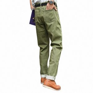 Saucezhan Men Jeans Vulcanizati Olive Green 107 Seedge Denim Jeans Men Wed Slim Fit 14 oz dragkedja Fly E6DB#