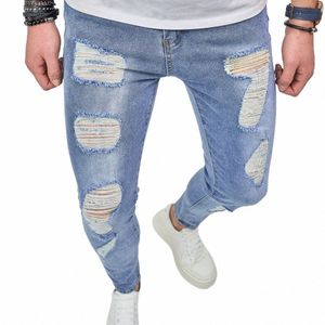 fi mager hål tiggar jeans män god kvalitet smal distrikt jogging cyklist denim byxor manliga kläder k8ap#