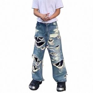 Pantaloni jeans distrutti stile Vibe da uomo Fi Hi Street Pantaloni jeans hip-hop oversize strappati Pantaloni larghi Distred Bottoms S7f6 #