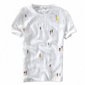 Designer Carto broderi sömmar linne kort ärm t-shirt män märke casual rund hals vit t-shirt för män camiseta g0sp#