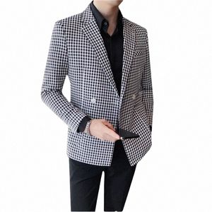 2023 Neue Männer Busin Casual Plaid Anzug Jacke Schwarz / Weiß Herren Soziale Hochzeit Party Dr Double Split Slim Fit Blazer Mäntel M5KK #