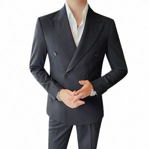 brand British Style Suit Jacket for Men 2023 Autumn Double Breasted Casual Busin Blazer Masculino Wedding Groom Dr Coats A0BF#