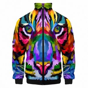 3D Colorful Tiger Men Autumn Trend Hip-Hop Harajuku Style Tryckt blixtlås LG-ärmad flygdräkt Men Jacket Baseball Uniform Q8kk#