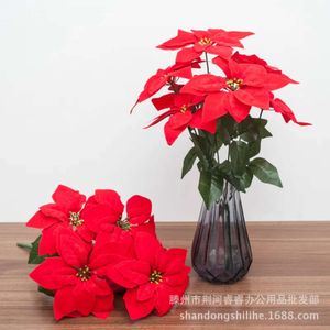 İpek Yapay Çatallar 7 Poinsettia of Christmas Potted Dekoratif Çiçek Ev Dekorasyonu Sahte Çiçekler