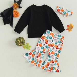 Conjuntos de roupas para bebês meninas, roupas de Halloween com estampa de abóbora, tops, calças flare, faixa de cabeça, conjunto de 3 peças de roupas