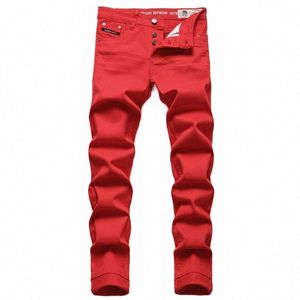 Jeans masculinos Red Trend Trend Streld Slim calças fi bordado de bordado de faixa de calça premium jeans rua hip hop roupas 81ad#