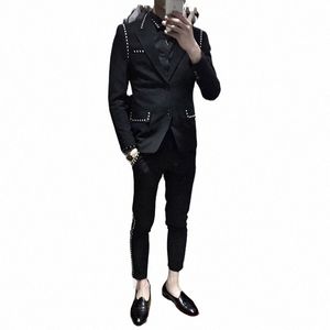 British Style Single Breasted 2 Pieces Jacket+Pants Rivet Suit Men Casual Frisyrist Prom Suits Social Nightclub Men Clothing 88sq#