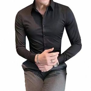 formal Men's Shirts Solid Color Slim Fit Lg Sleeve Busin Single Breasted Social Shirt Blouse Tops Man Clothing u99g#