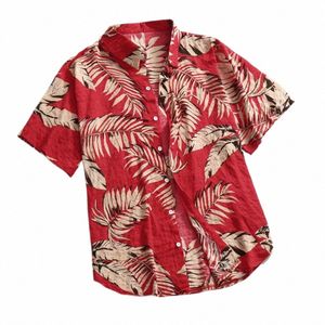 hawaiian Shirt Men Holiday Short Sleeve Red Shirt Turn Down Collar Leaf Print Vacati Beach Tops Clothing Camisas l51I#