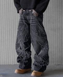 男性用のバギージーンズY2Kヒップホップレトロブラックパンツ特大の刺繍ハラジュクゴシックワイドレッグズボンストリートウェア240323