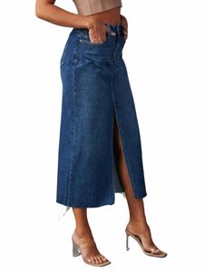 Mulheres cintura alta LG Denim Saia Elegante Fenda Raw Hem A-Line Verão Casual Midi Jean Saias com Bolsos 25Cb #