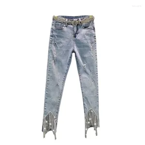 Women's Jeans 2024 Summer Skinny For Women Street Elastic Slim-Fit High Waist Figure Flattering Rhinestone Tasseled Pants